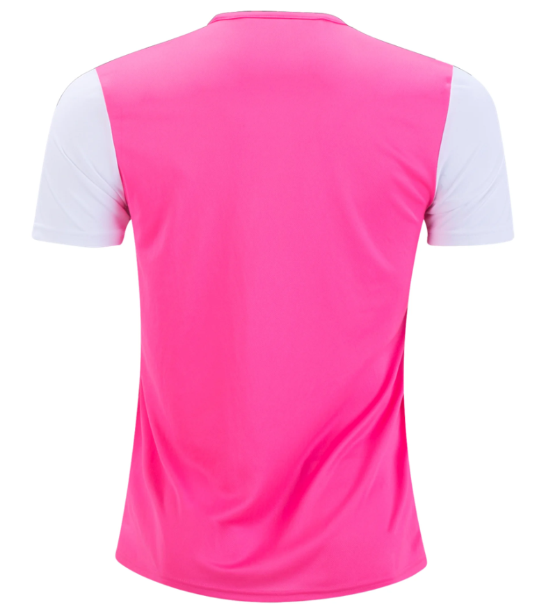 Back view of a vibrant pink athletic t-shirt featuring short white sleeves against a white background.