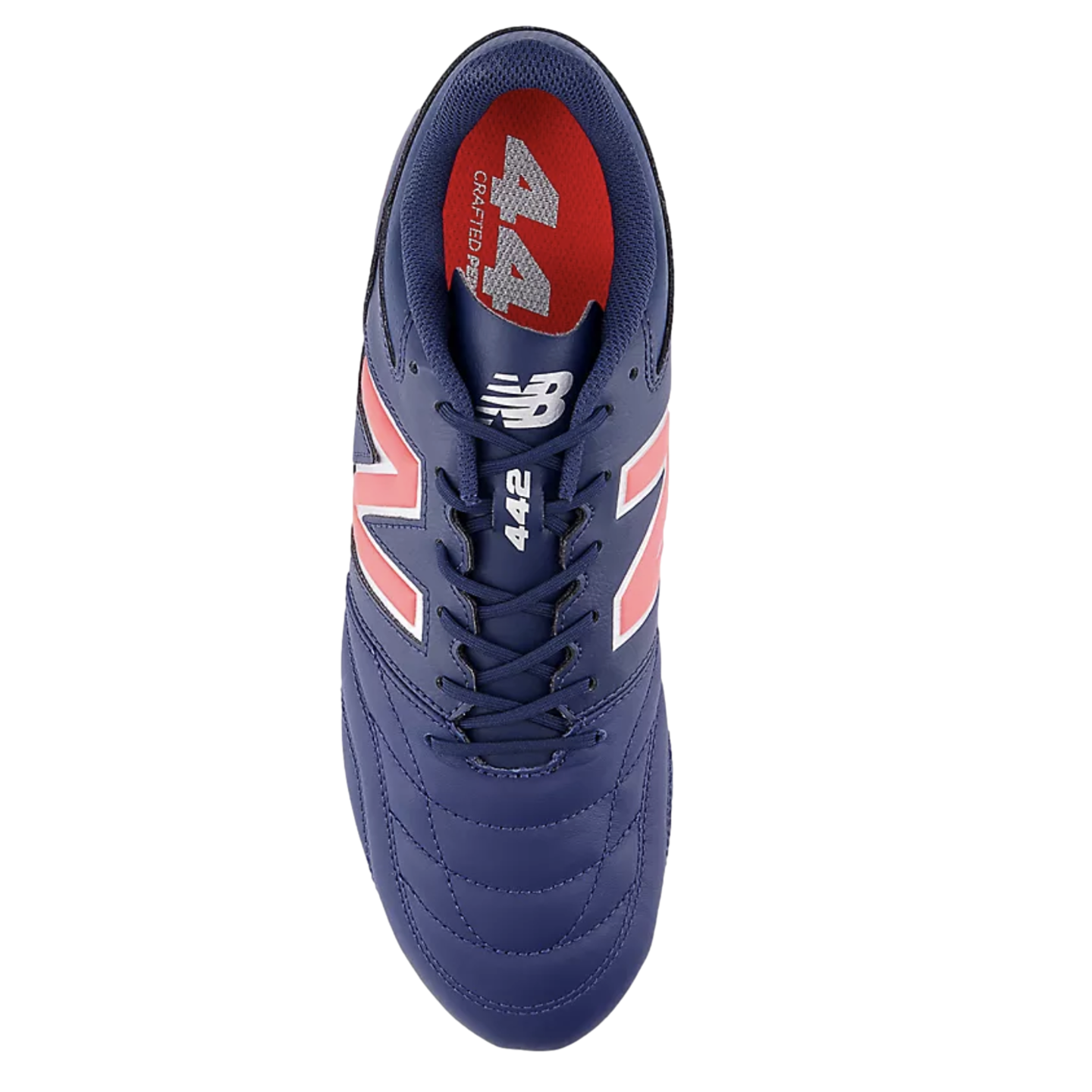Top-down view of a navy blue New Balance 442 soccer cleat featuring pink "N" logos and a bright red interior against a solid black background.