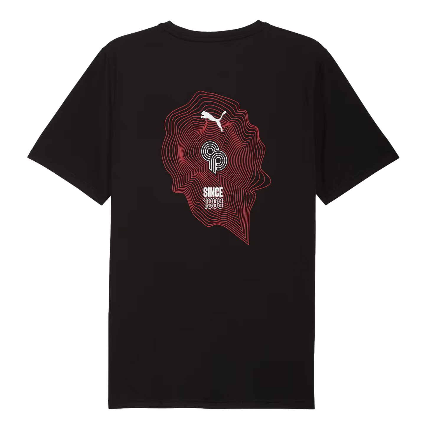 Black t-shirt with a back graphic of red topographical lines surrounding a white Puma logo, a stylized "CP" monogram, and the text "SINCE 1998".