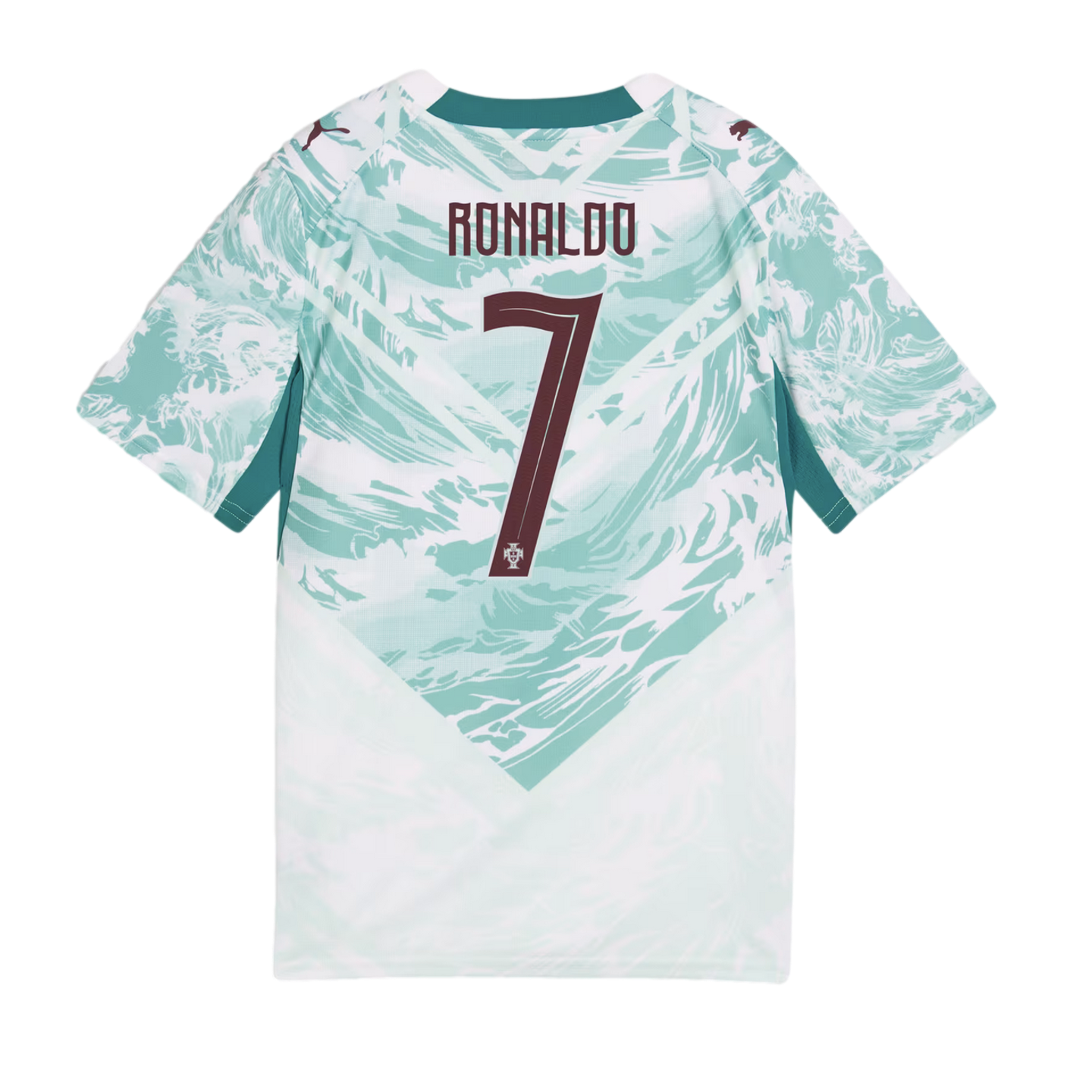 The back of a white and teal Portugal soccer jersey featuring a wavy, abstract pattern and the name "RONALDO" above a large number "7" in dark burgundy.