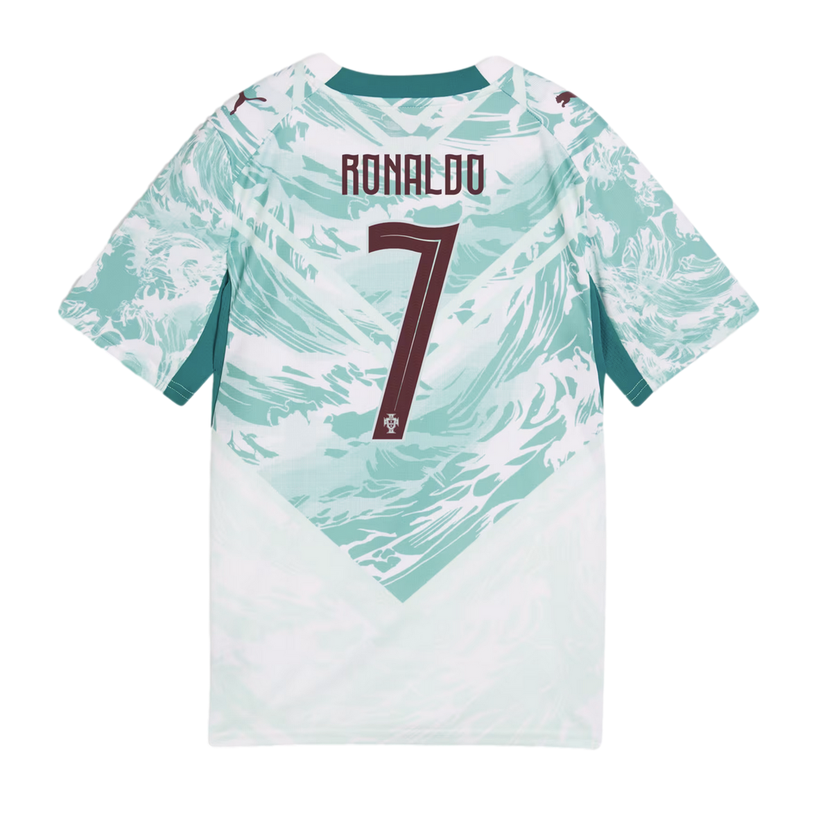 The back of a white and teal Portugal soccer jersey featuring a wavy, abstract pattern and the name "RONALDO" above a large number "7" in dark burgundy.