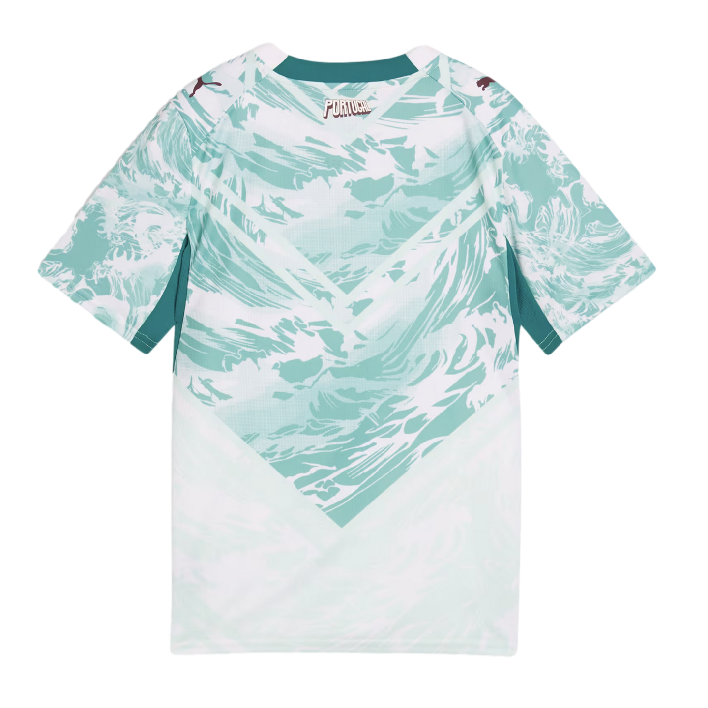 Back view of a white and teal Portugal jersey, featuring a wavy, surf-inspired pattern forming a large chevron shape on the back. The jersey has a solid teal collar and "PORTUGAL" printed just below the neckline. Small burgundy Puma logos are visible on e