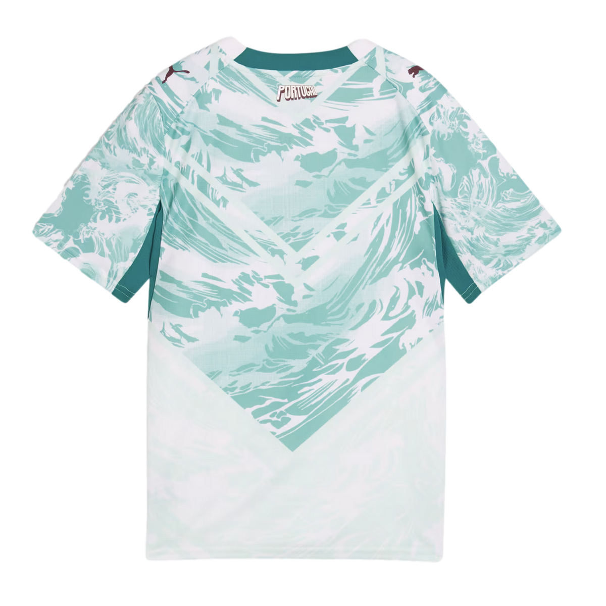 Back view of a white and teal Portugal jersey, featuring a wavy, surf-inspired pattern forming a large chevron shape on the back. The jersey has a solid teal collar and "PORTUGAL" printed just below the neckline. Small burgundy Puma logos are visible on e