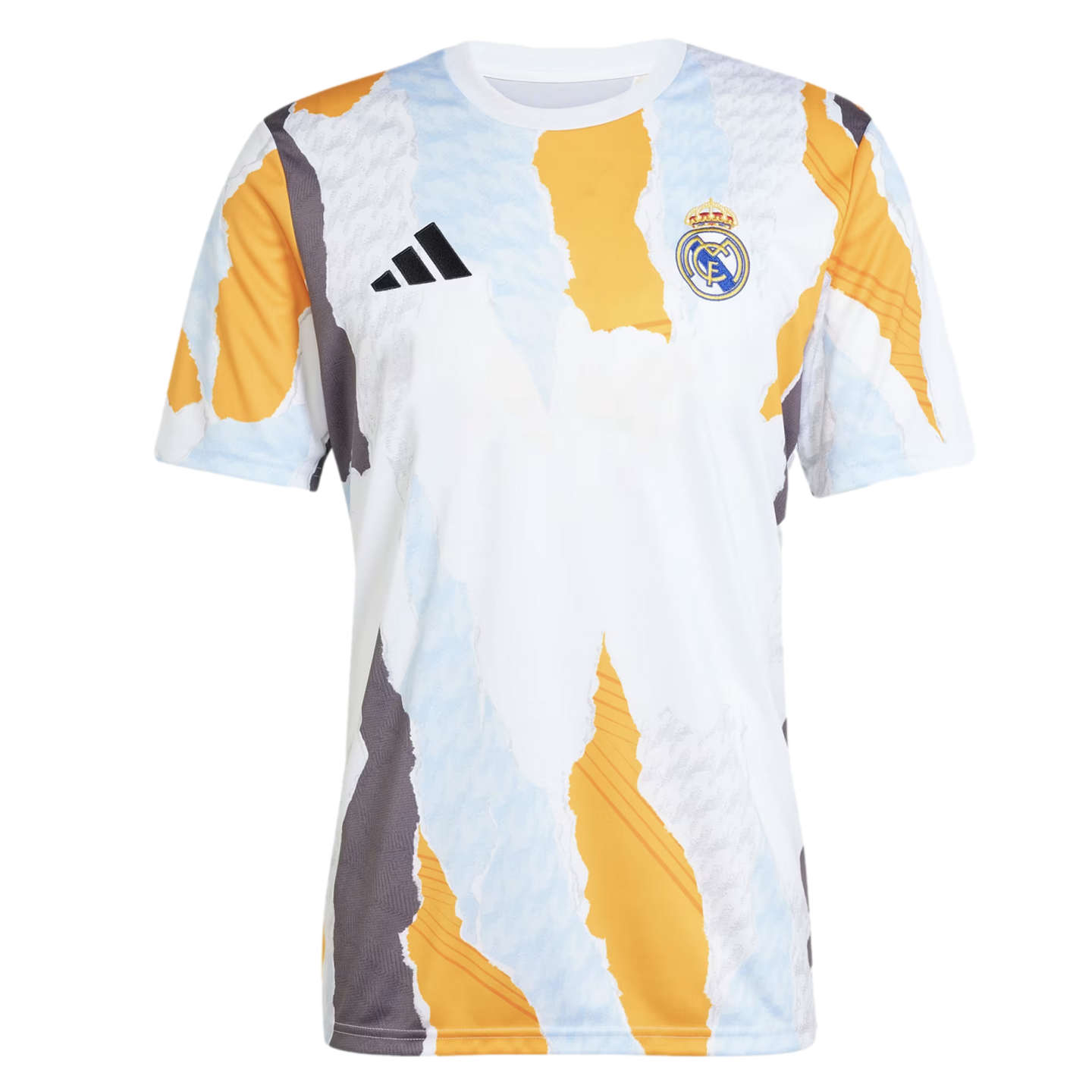 An Adidas Real Madrid Pre-Match Jersey with a white background and an abstract torn-paper pattern in shades of orange, light blue, and grey. The black Adidas logo is on the right chest, and the Real Madrid club crest is on the left.