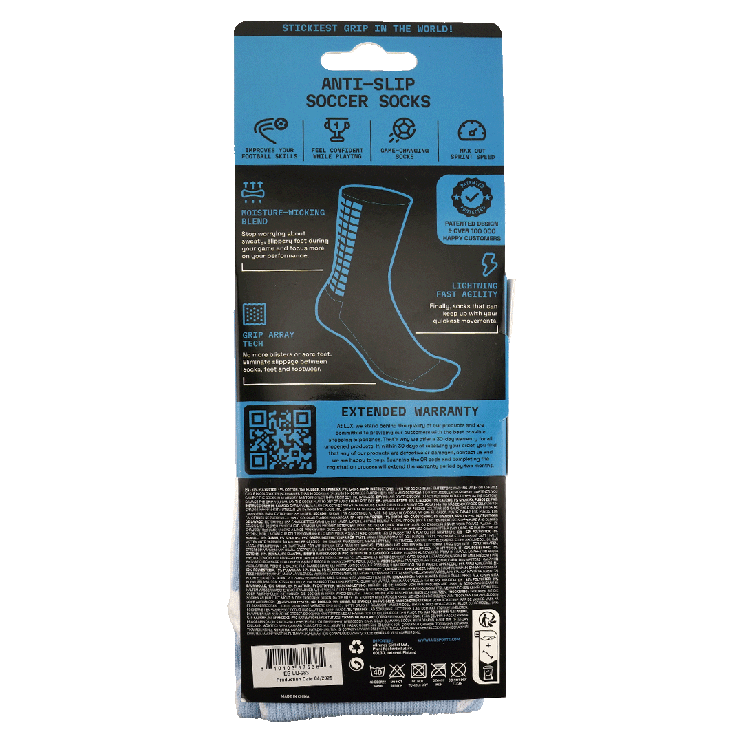 Back of LUX Anti-Slip Soccer Socks packaging featuring feature icons, a sock illustration, care instructions, and a QR code for an extended warranty.