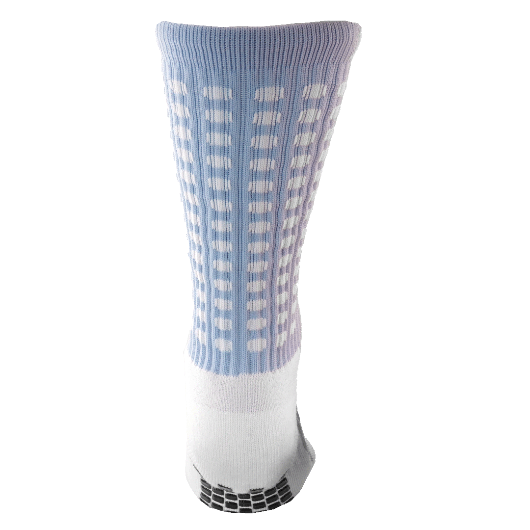 An upright crew sock with a light blue and lavender patterned leg, a white foot area, and black non-slip grip pads on the bottom.