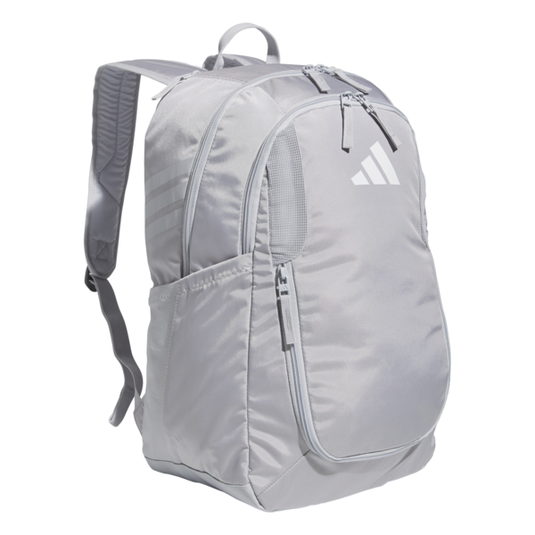 A light grey Adidas backpack featuring multiple zippered compartments, three stripes on the side, and a large logo on the front panel.