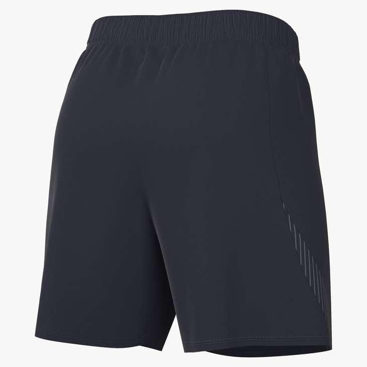 Back view of dark navy blue athletic shorts with an elastic waistband and reflective diagonal stripes on the right side, against a plain white background.