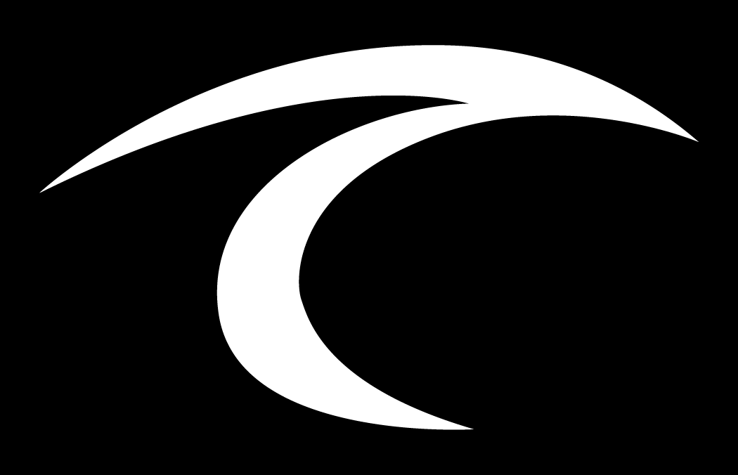 A white stylized wave logo on a black background.