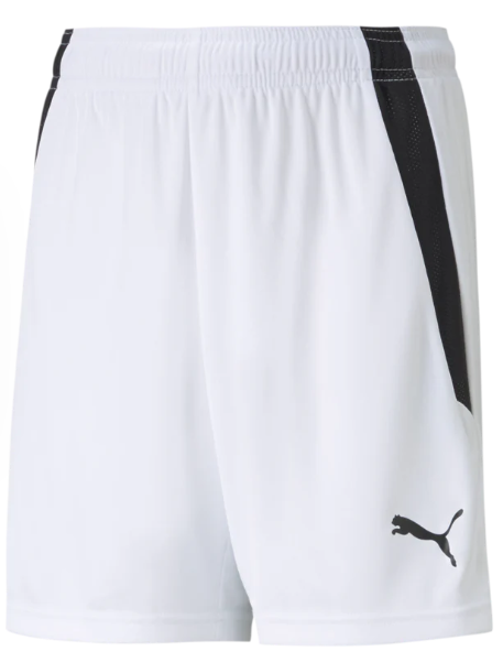 White athletic shorts featuring black diagonal side panels and a black Puma cat logo on the lower right leg.