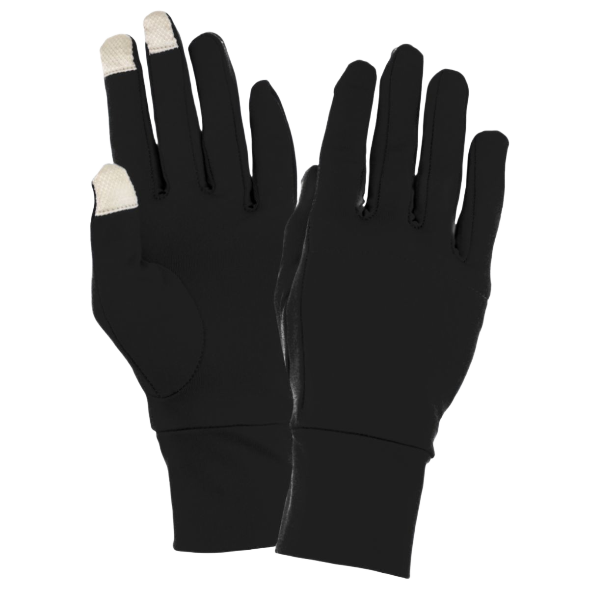 Pair of black touchscreen-compatible gloves against a white background. One glove displays grey conductive material on three fingertips.