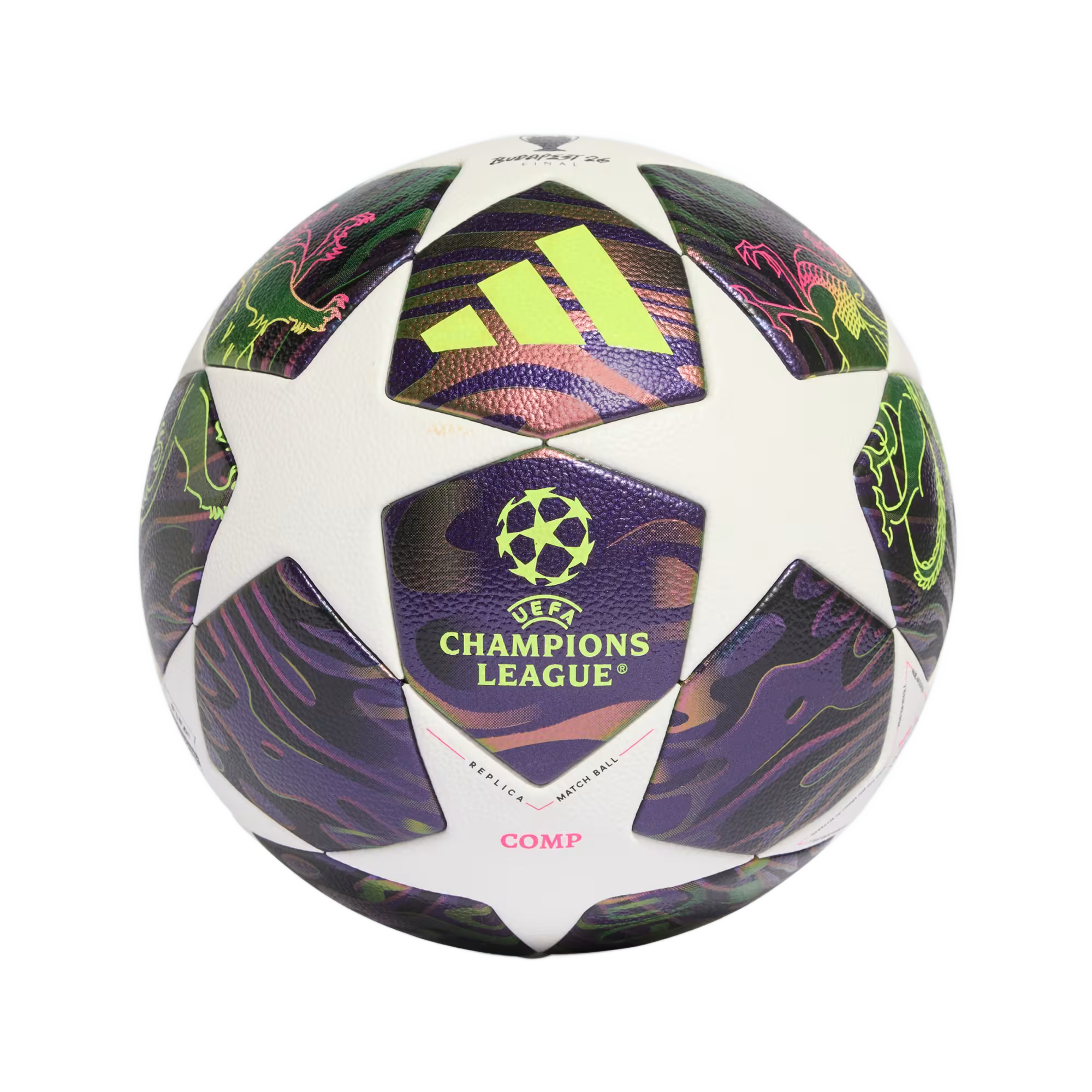 Adidas UEFA Champions League 2024 Budapest Final soccer ball featuring white star panels and iridescent purple-green patterns with lion graphics.