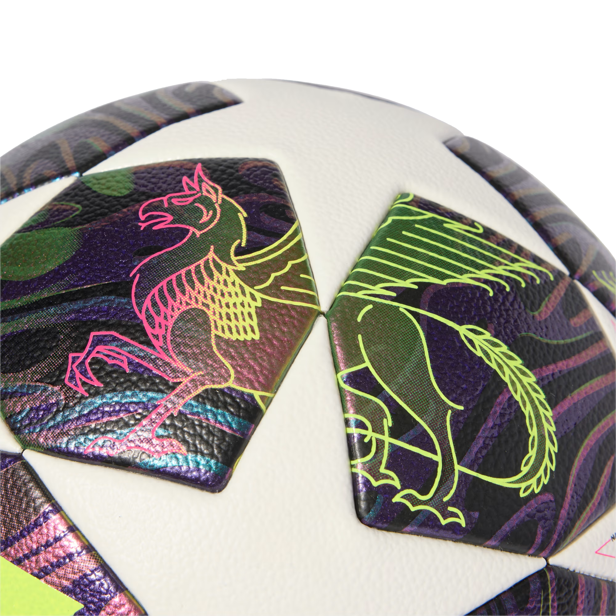 Close-up of a white soccer ball featuring dark, iridescent panels with neon-colored outlines of mythical creatures like a griffin and a dragon.