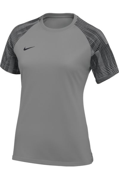 A grey Nike women's athletic t-shirt with short raglan sleeves featuring a black-and-grey striped pattern. A black Nike swoosh logo is on the left chest.