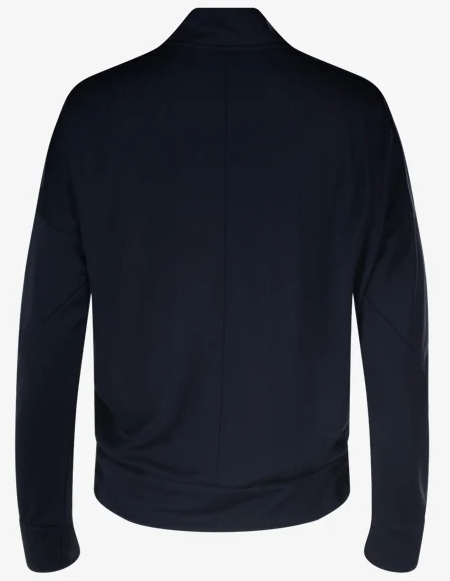 Back view of a solid navy blue athletic jacket featuring a funnel neck, center back seam, and ribbed hem and cuffs.
