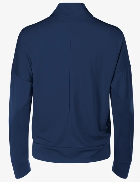 Back view of a navy blue, high-collared athletic jacket featuring a central vertical seam and ribbed hem.