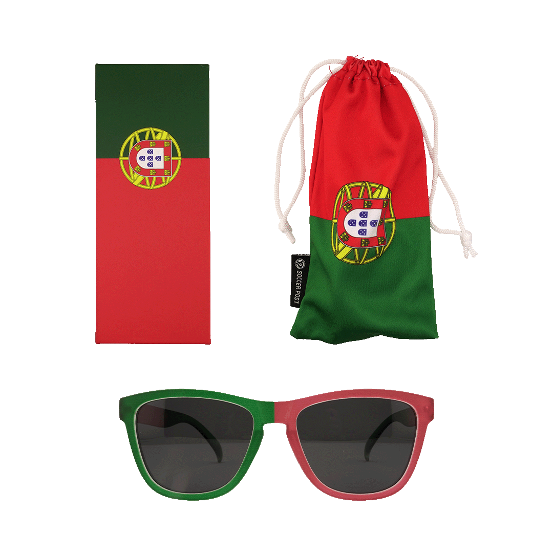 Portugal flag-themed accessories including a rectangular case, a drawstring pouch, and sunglasses with split green and red frames.