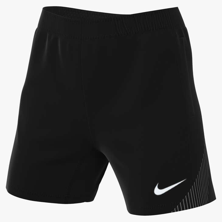 Black Nike athletic shorts with a white swoosh logo and a pinstriped panel on the side of one leg.