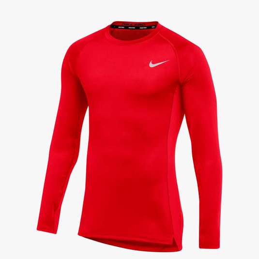 A red Nike long-sleeved athletic shirt with a white swoosh logo on the chest.