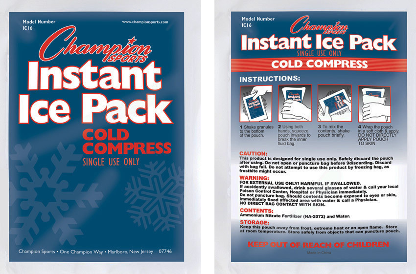 A side-by-side view of the front and back packaging for a Champion Sports Instant Ice Pack (Model IC16), a single-use cold compress. The front features bold white and red text on a blue background with a large snowflake graphic. The back provides four ill