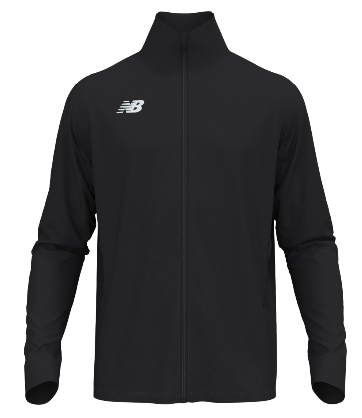 Black New Balance full-zip athletic jacket with a white logo on the right chest and a stand-up collar.