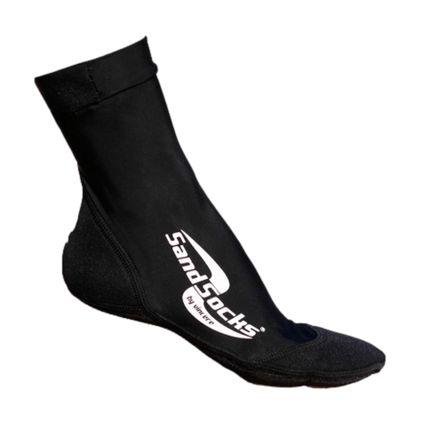 A pair of Vincere Sand Socks - Black, featuring a white logo on the side and reinforced material at the toe and heel.