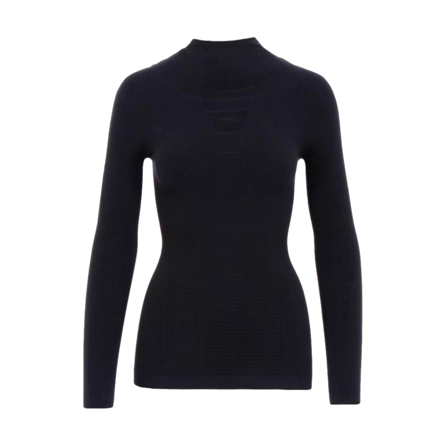 A black, long-sleeved mock-neck top featuring textured, seamless mesh panels on the chest and torso.
