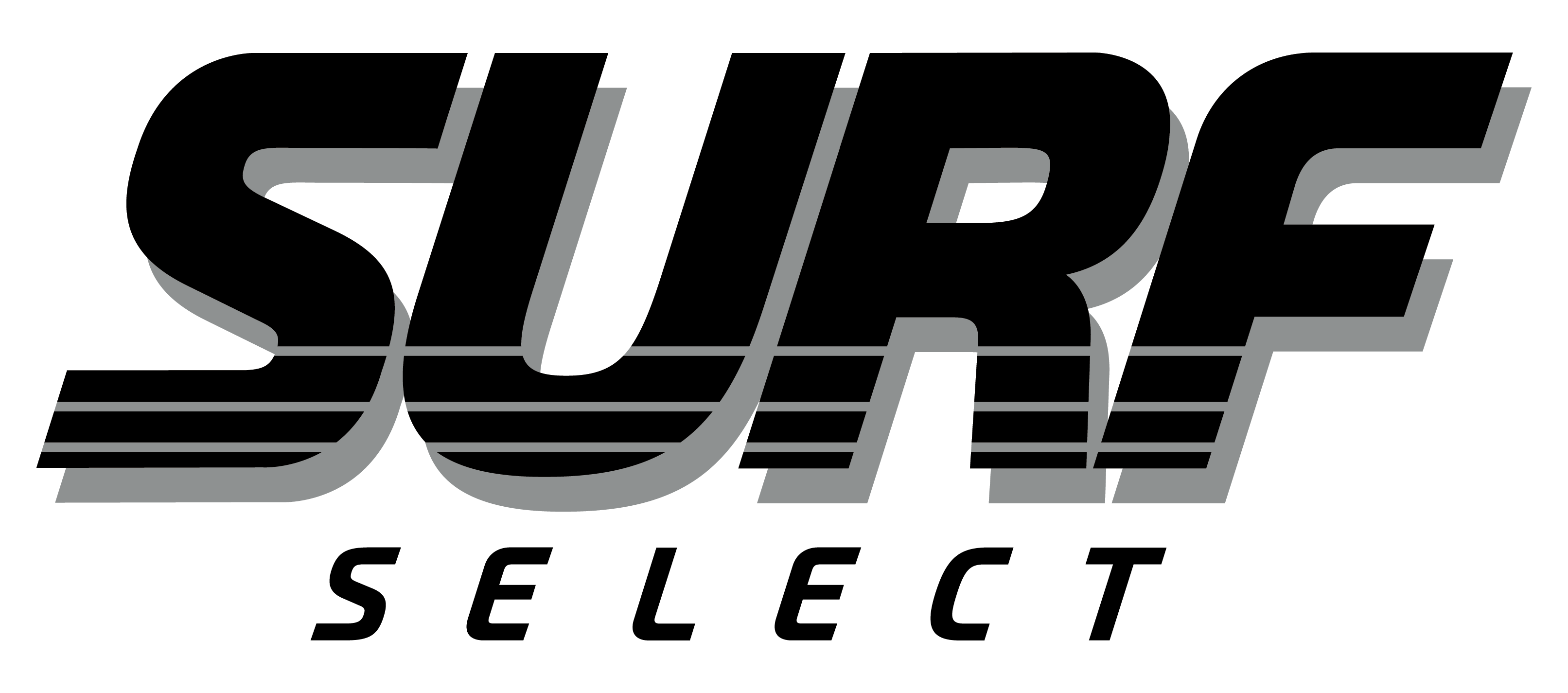 Logo for SURF SELECT. The word "SURF" is in large, bold, black italic font with horizontal lines and a grey shadow. "SELECT" is written in smaller black text below.
