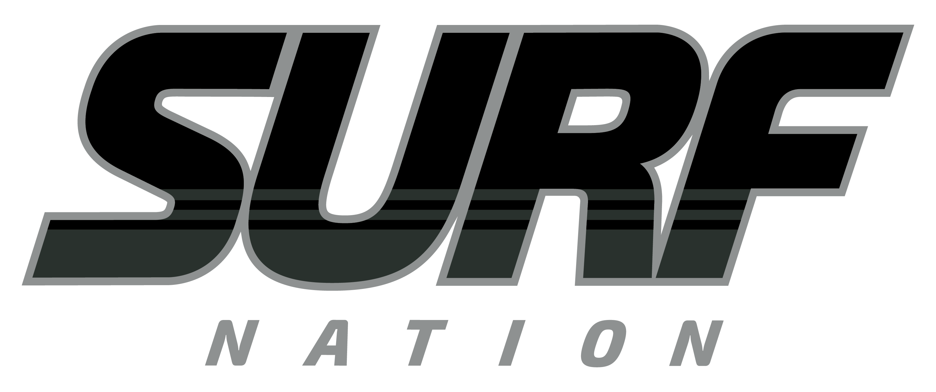 Logo for "SURF NATION" featuring large black italicized text with gray outlines and horizontal stripes over smaller gray text.