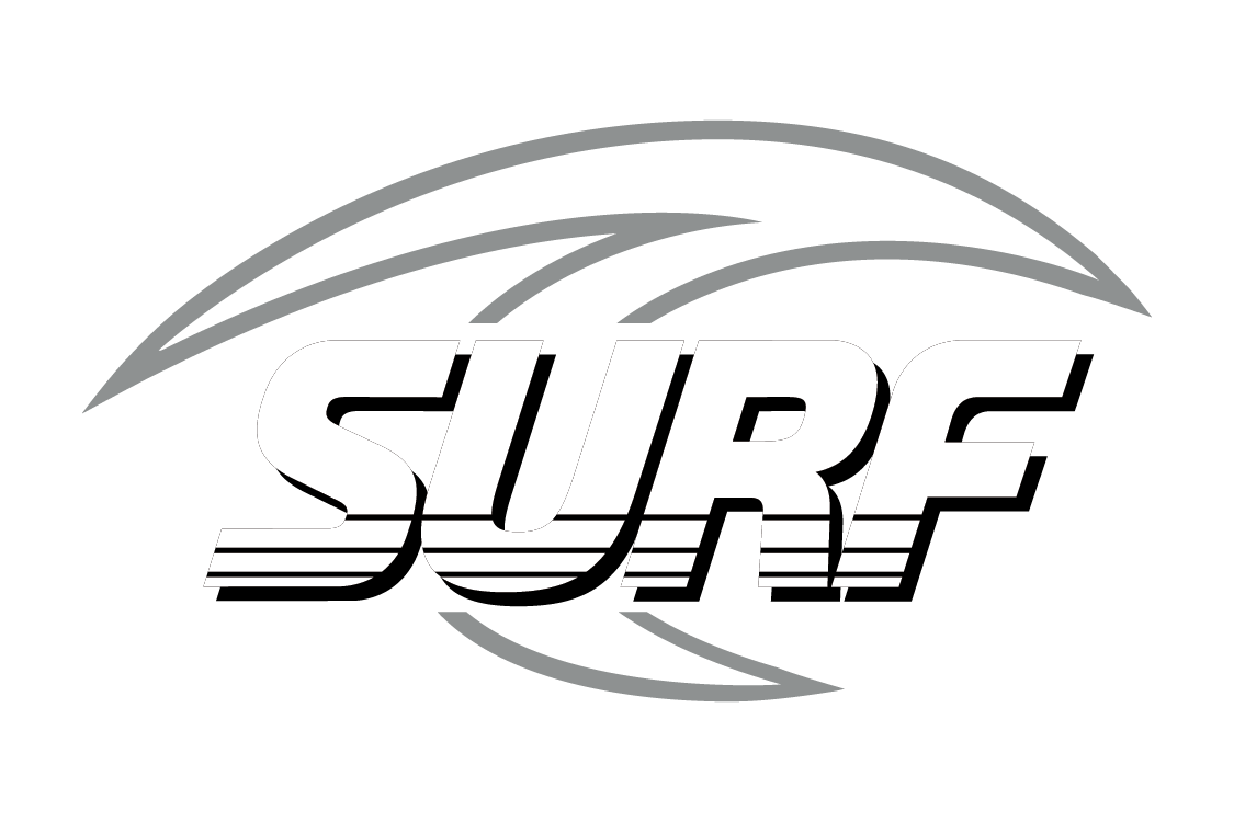 Stylized "SURF" logo with bold white letters, black outlines, and horizontal lines, set against a grey curved wave-like design.