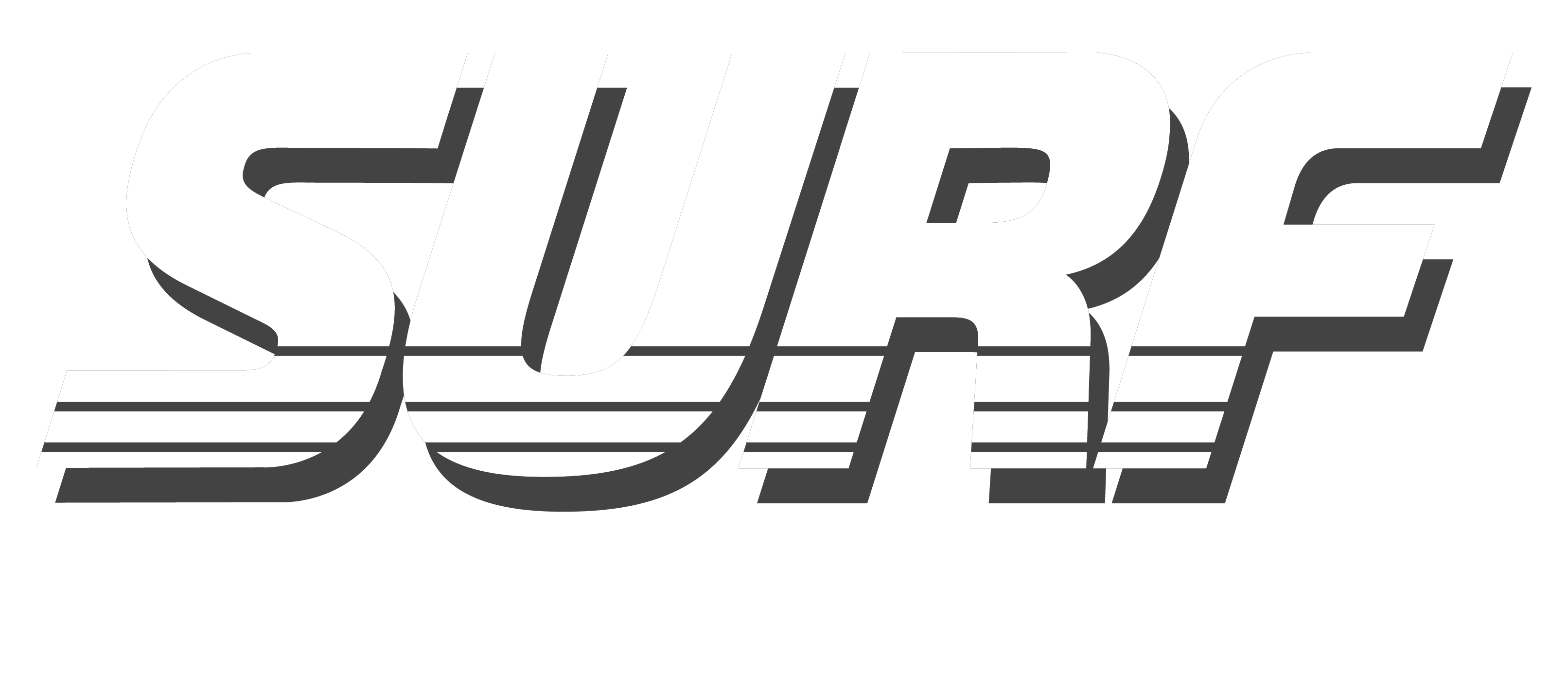 Stylized white text reading "SURF" with a dark gray 3D shadow and horizontal speed lines across the bottom half.