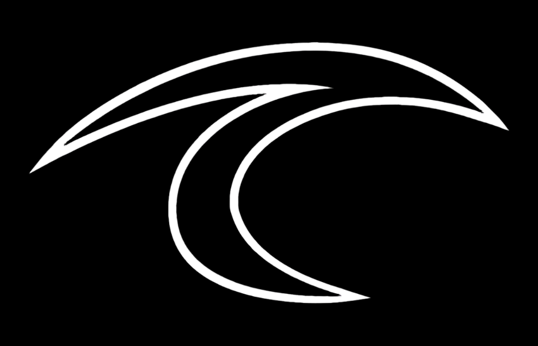 White stylized graphic of a swooping wave or curve with sharp points, set against a solid black background.