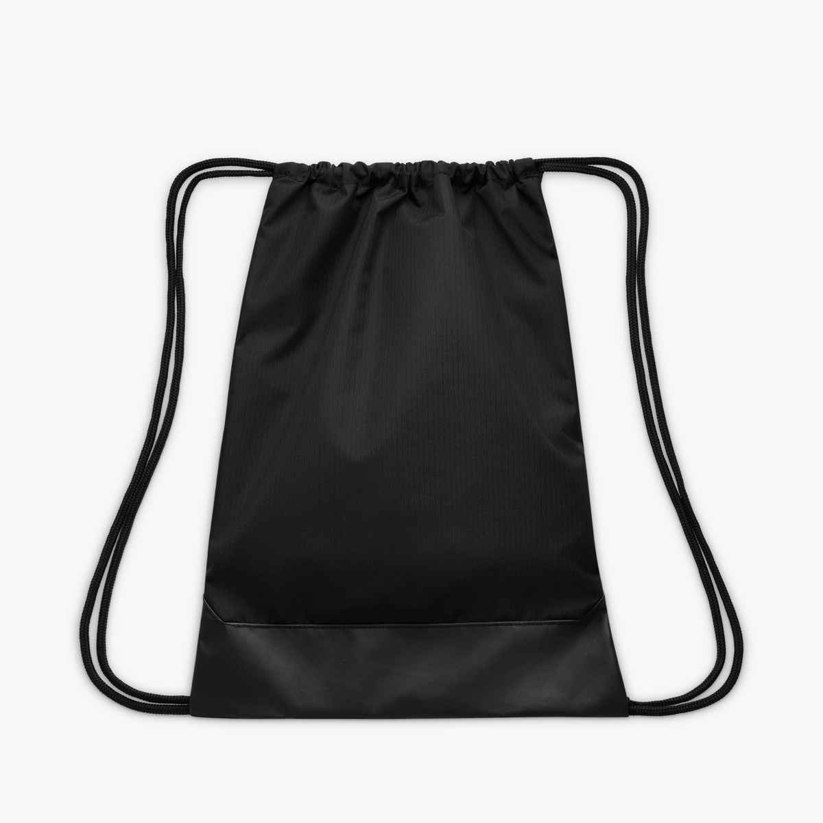 A black drawstring cinch bag with black rope straps shown against a white background. The bottom panel has a smoother finish than the rest of the bag.