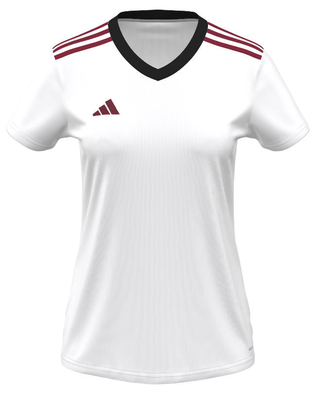 White short-sleeved Adidas jersey featuring maroon stripes on the shoulders, a maroon logo on the right chest, and a black V-neck collar.
