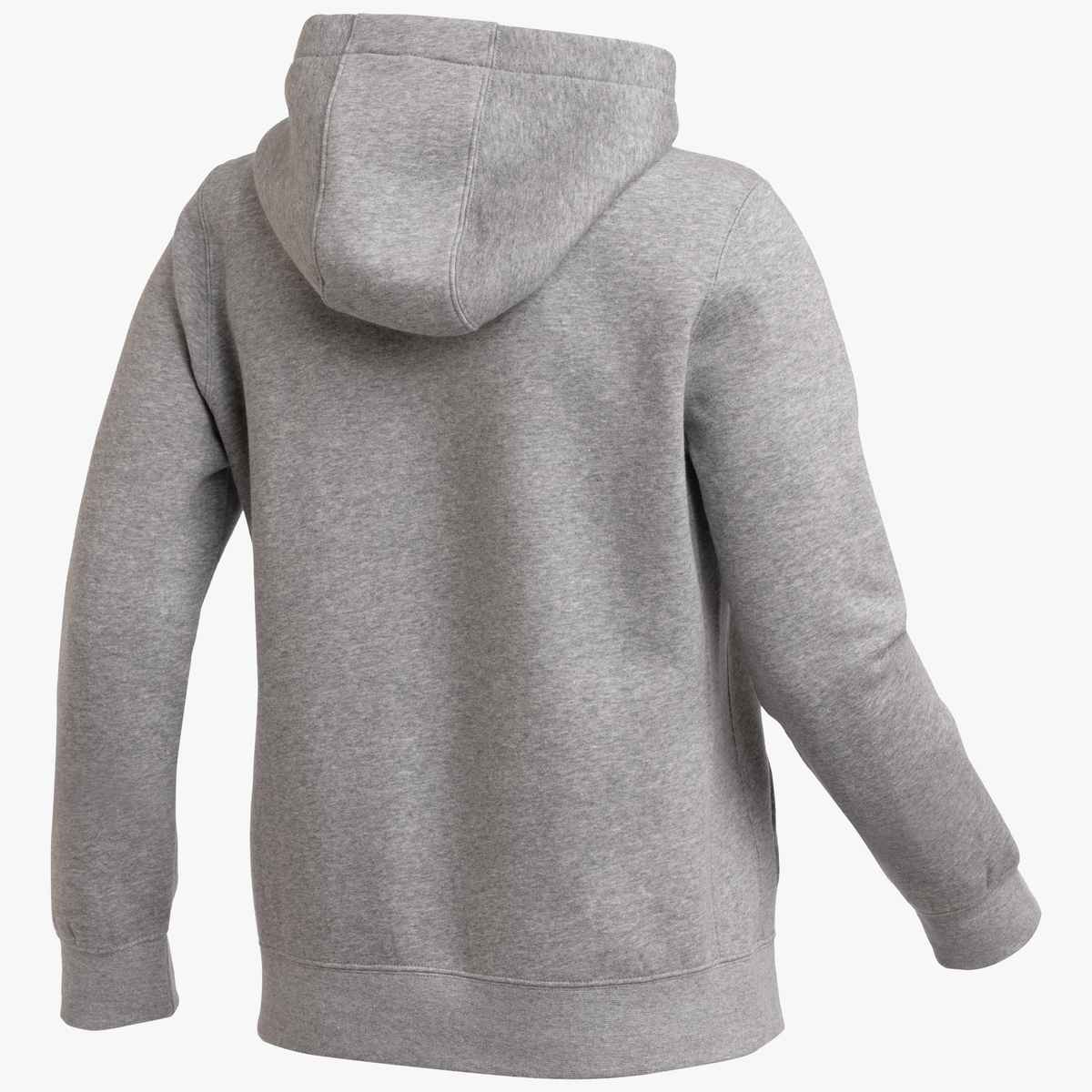Back view of a long-sleeved heather grey hoodie with ribbed cuffs and hem, shown against a plain white background.