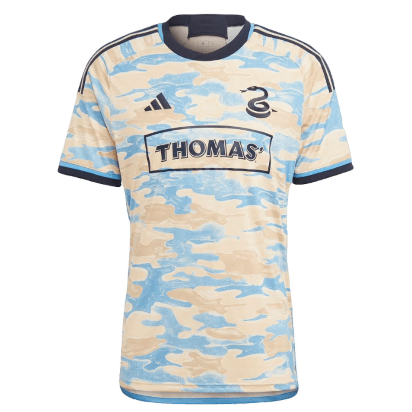 Tan and light blue camo-patterned Adidas sports jersey with navy blue trim. Features a coiled snake emblem and the word "THOMAS" centered on the front.