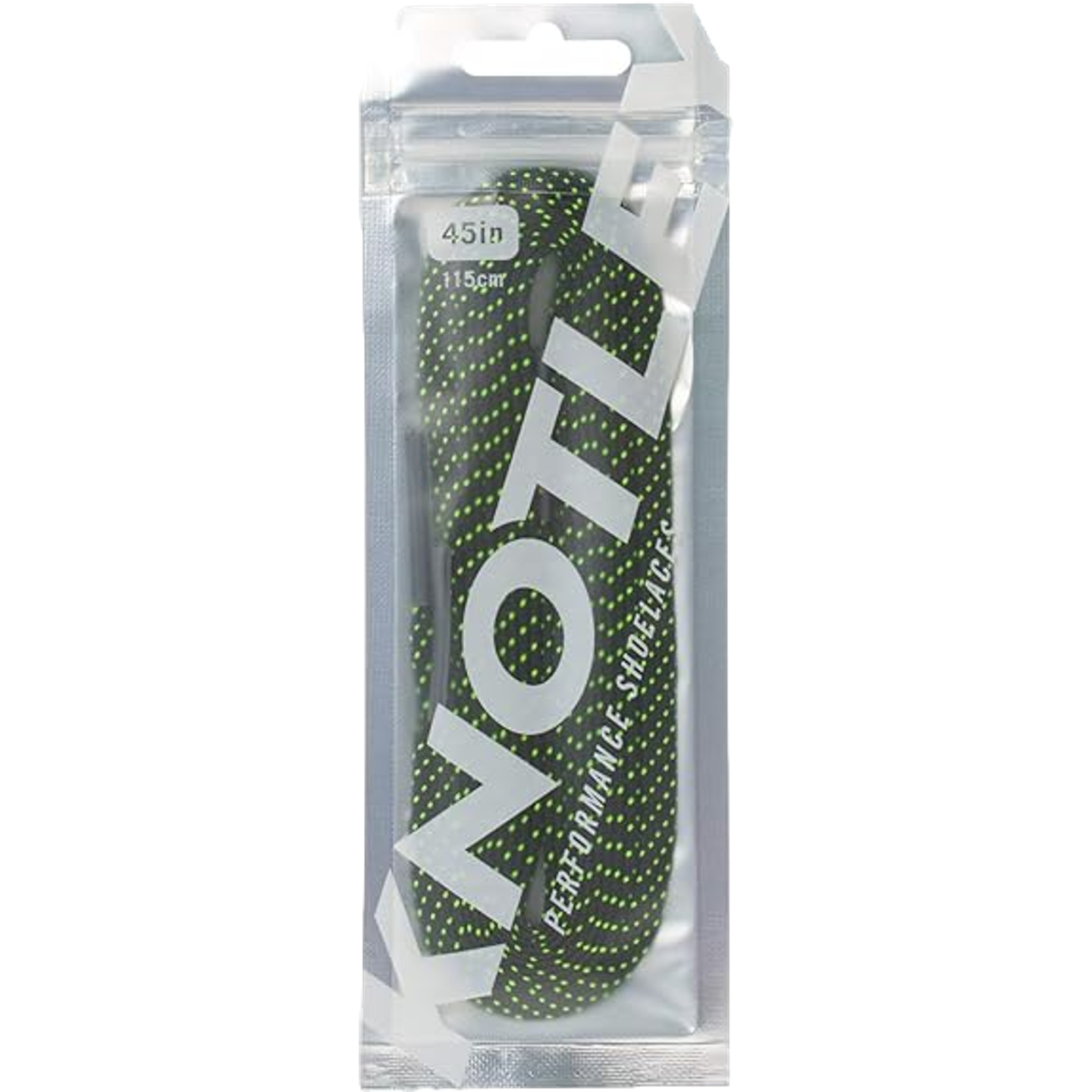 A package of Knotley 45 Inch Speed Laces featuring a black and neon green speckled pattern, shown in a clear resealable pouch with the brand name vertically printed in white.