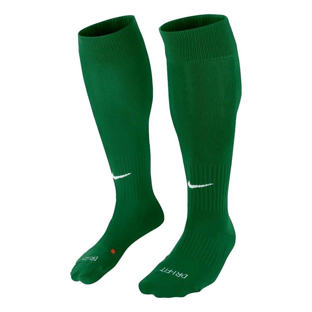 Pair of knee-high green Nike sports socks with white swoosh logos on the shins and "DRI-FIT" branding on the feet.
