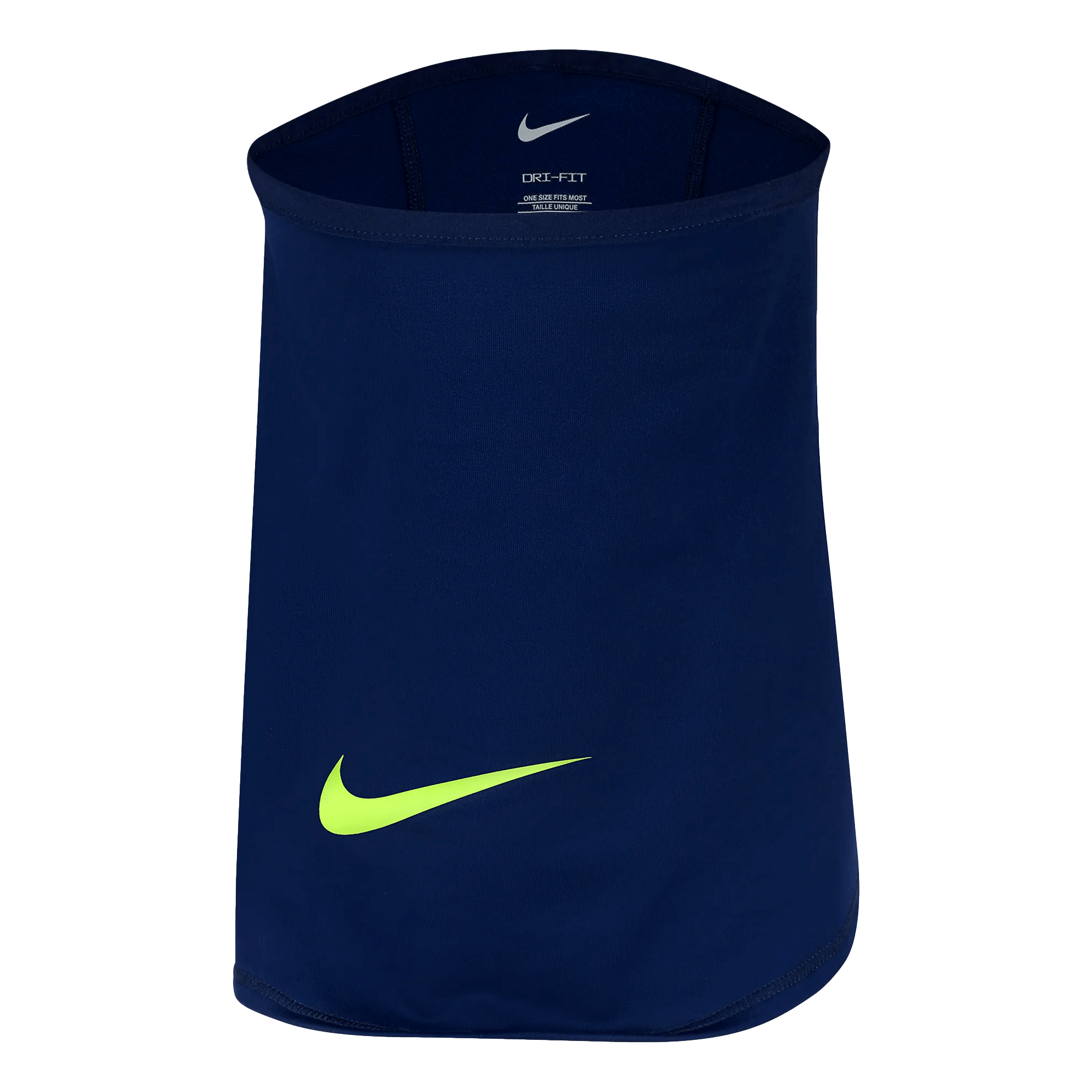 A navy blue Nike neck gaiter with a lime green swoosh at the bottom and white branding inside the top rim.