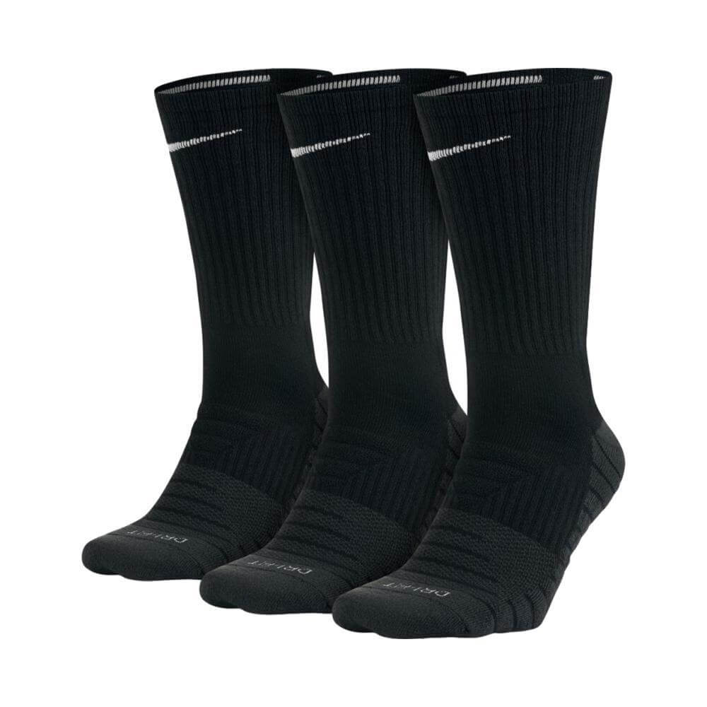 Three black Nike crew-length athletic socks with white swoosh logos, arranged in a diagonal row.