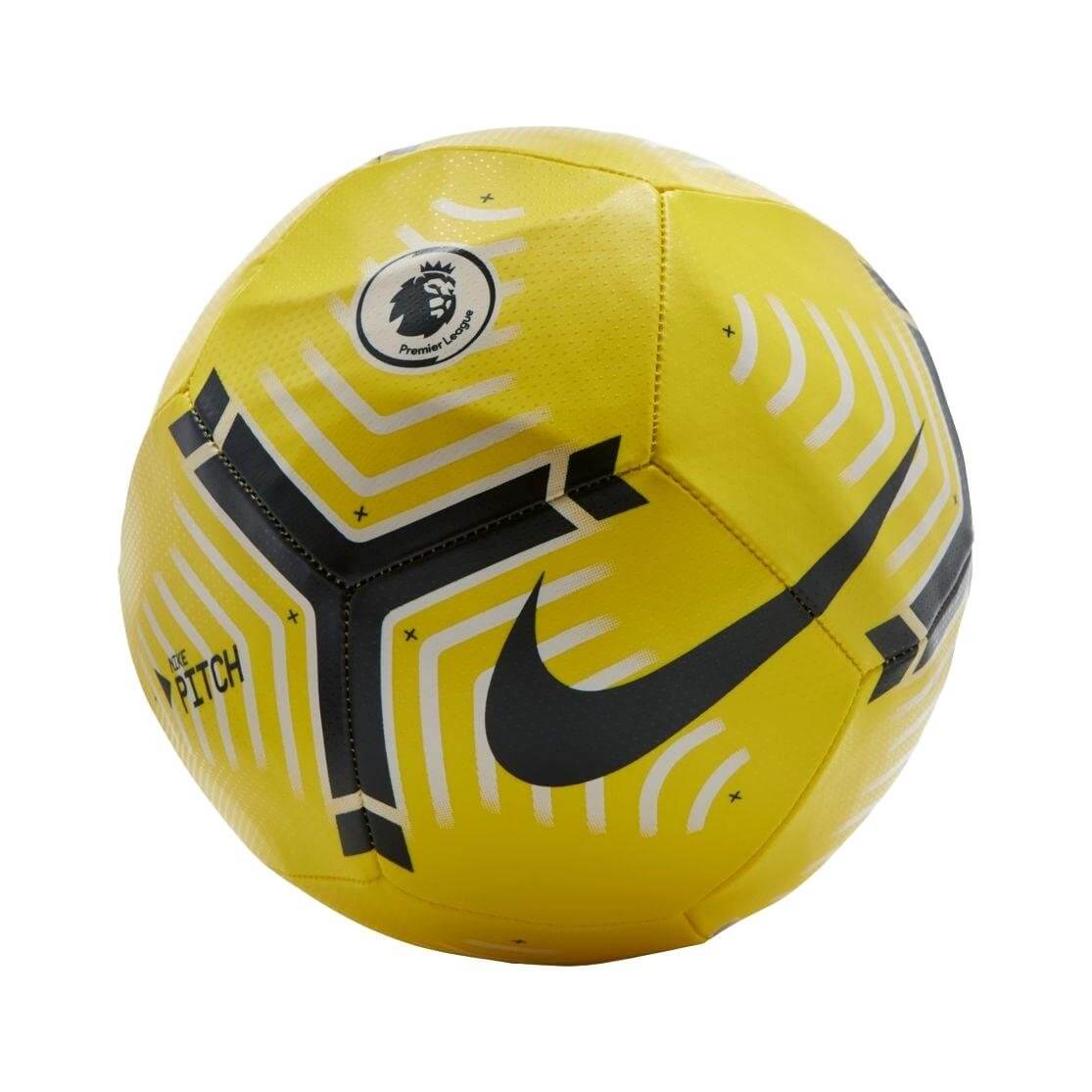 A yellow Nike Pitch soccer ball featuring black and white graphics, a black swoosh, and the Premier League lion logo.