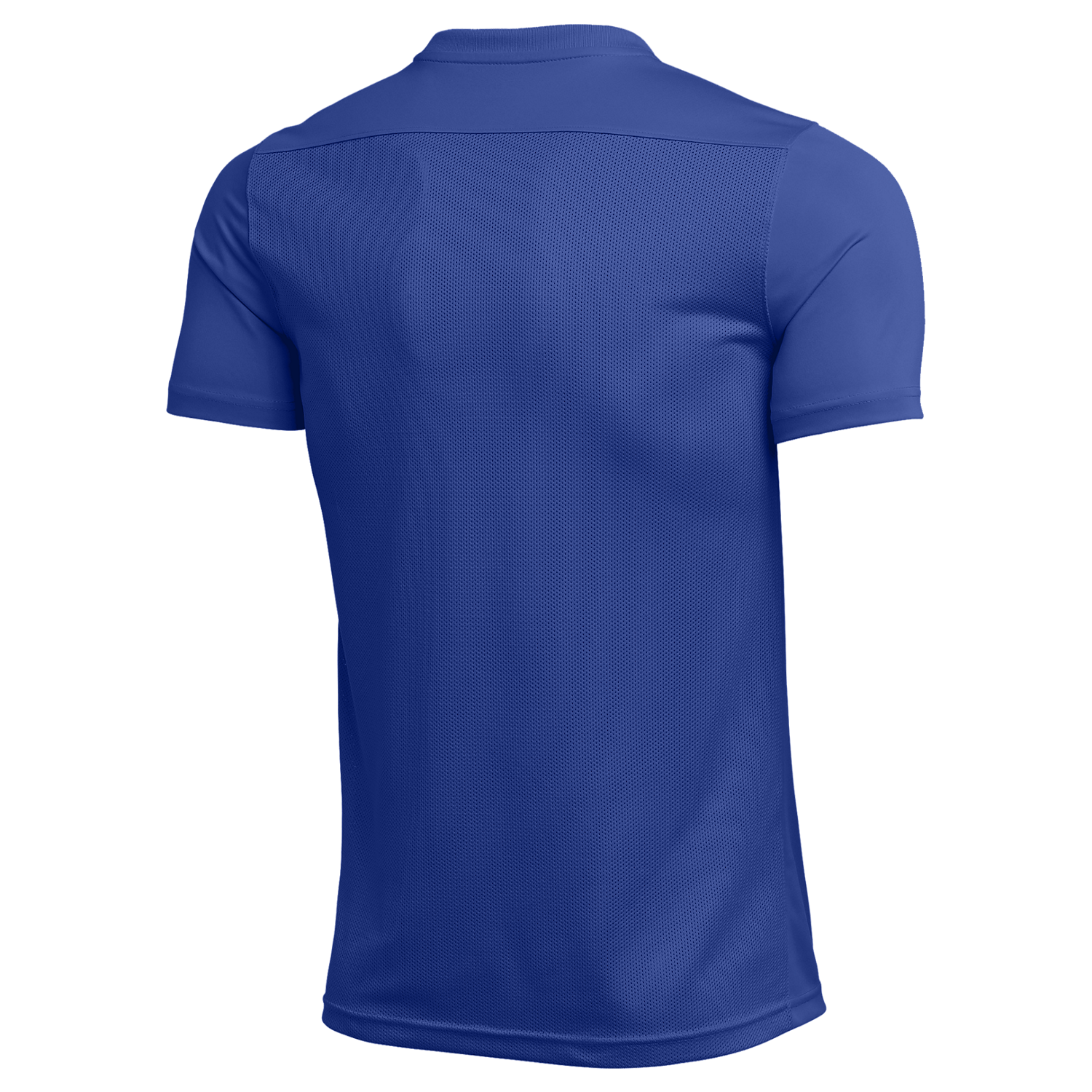 Back view of a royal blue short-sleeved athletic t-shirt featuring a textured mesh fabric.