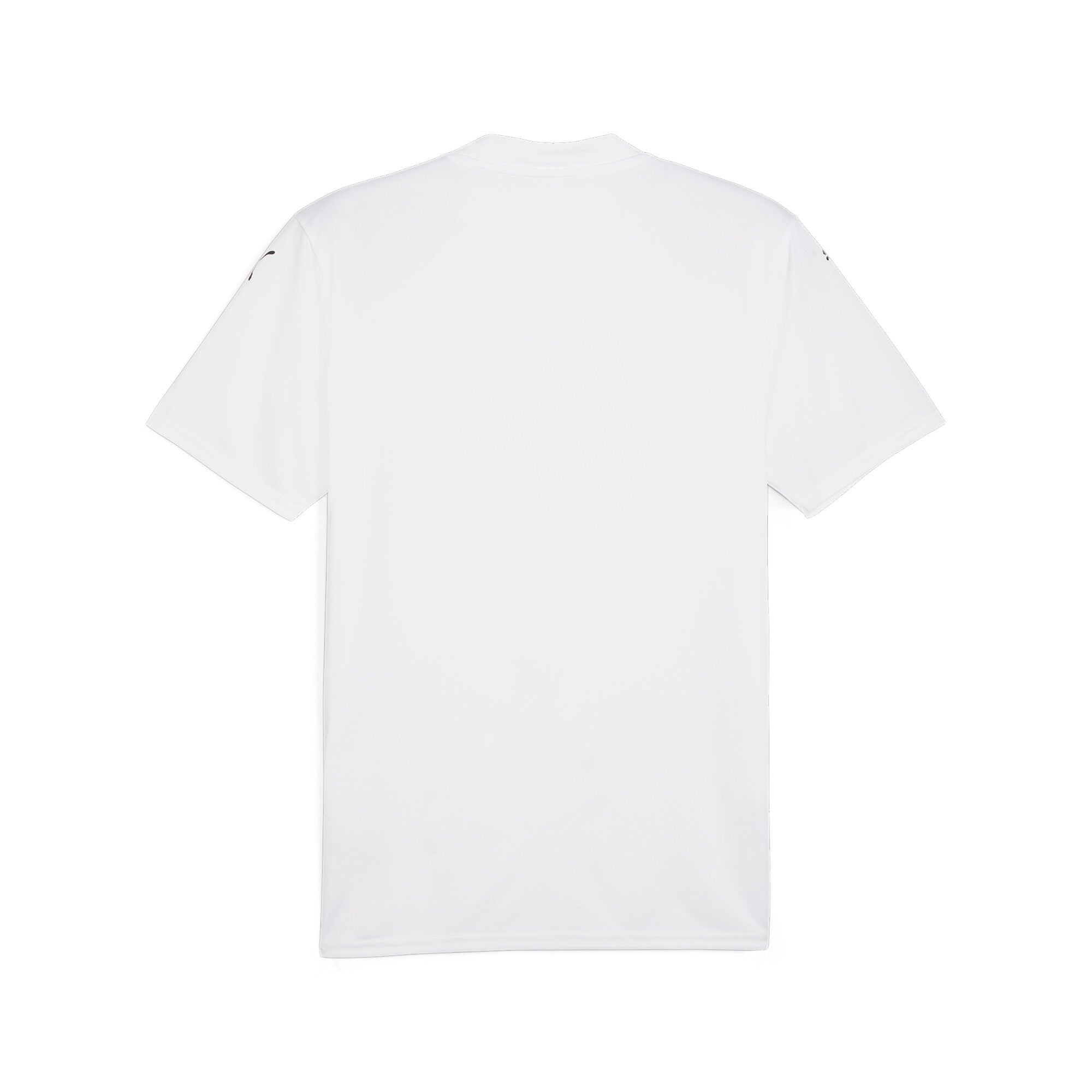 Back view of a white short-sleeve t-shirt with small dark logos on the shoulders, shown against a white background.