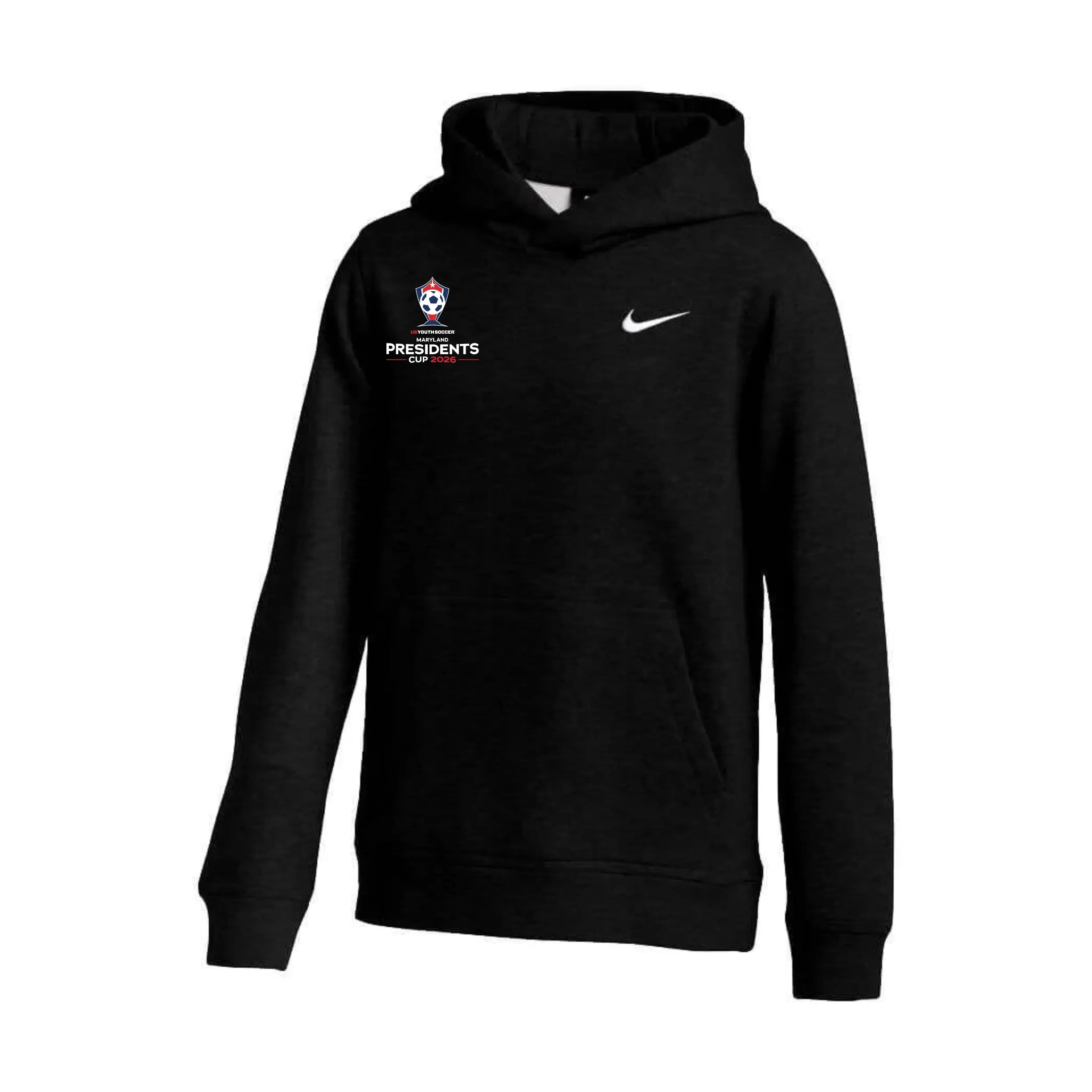 A black Nike hoodie featuring a white Nike swoosh on the left chest and the US Youth Soccer Maryland Presidents Cup 2026 logo on the right chest.