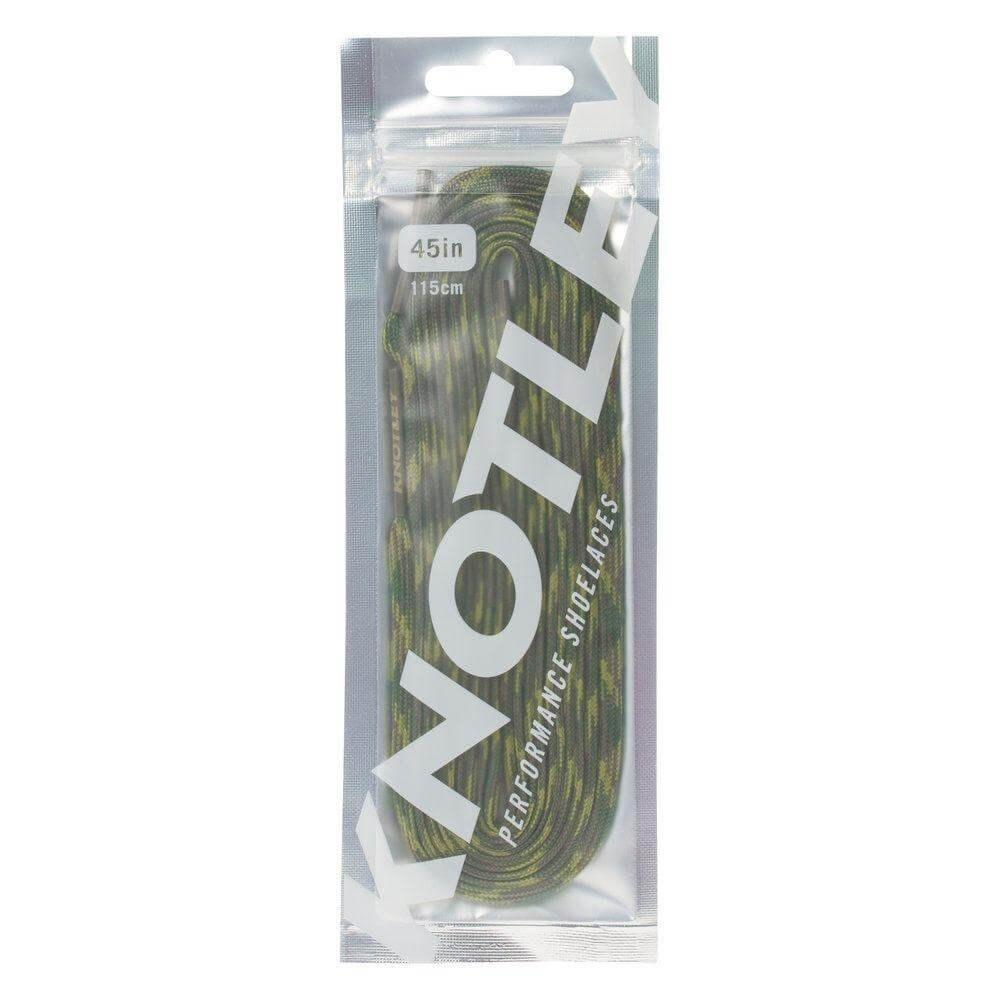 A package of green camouflage Knotley Performance Shoelaces. The clear plastic pouch shows the 45-inch (115 cm) laces inside and features bold white branding.