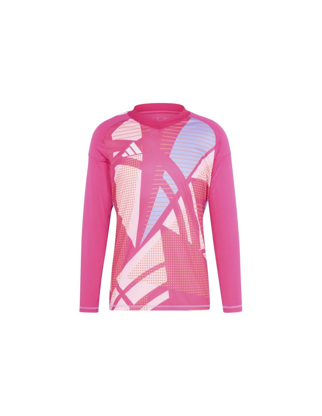 Vibrant pink long-sleeve Adidas jersey with a bold, geometric abstract design in light pink and blue across the front.