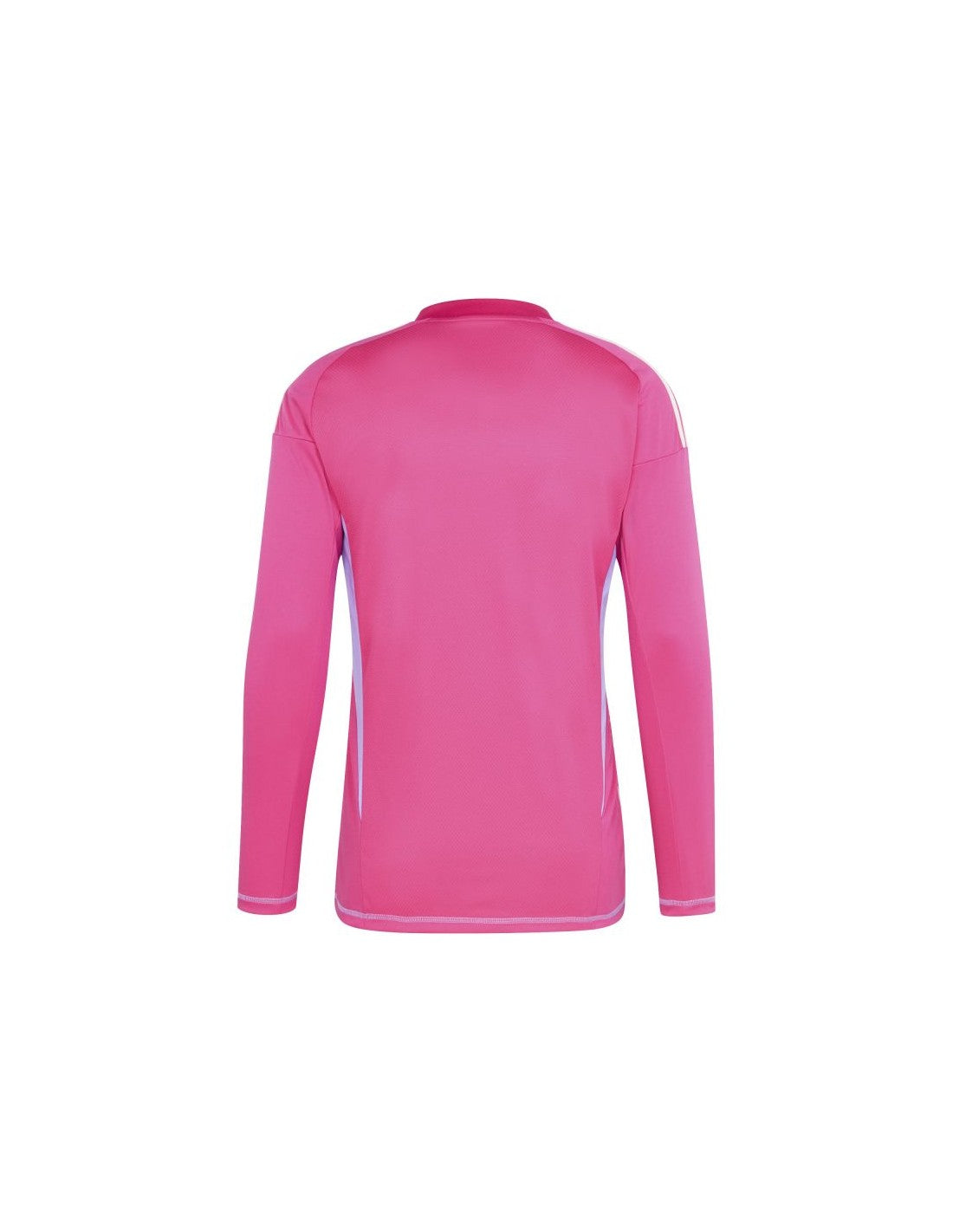 Back view of a bright pink long-sleeved athletic top with purple side panels and white stripes on the shoulder.