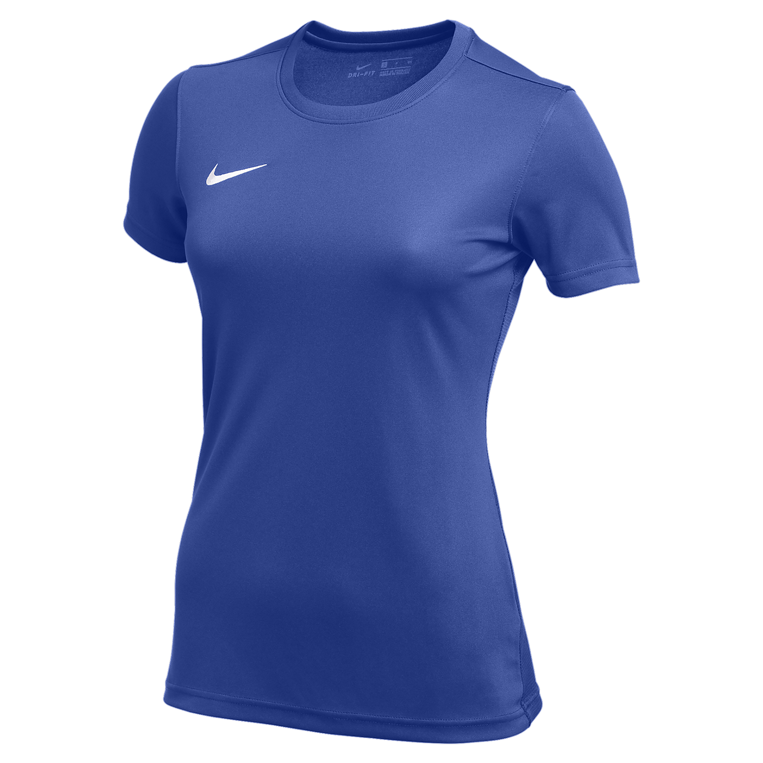 A royal blue Nike women's crew neck athletic t-shirt with a white swoosh logo on the left chest.