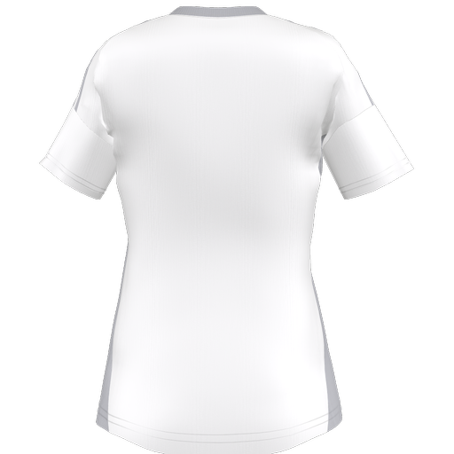 The back view of a white athletic short-sleeved t-shirt with light grey accents on the collar and side panels.