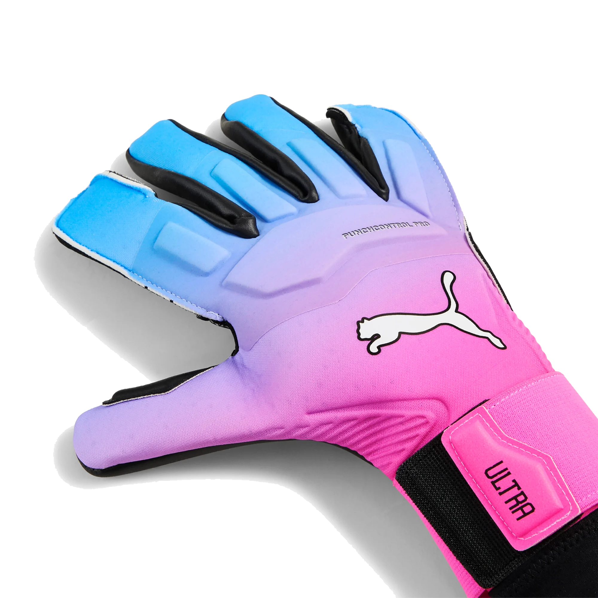 A Puma goalkeeper glove with a blue and pink gradient design, featuring a white cat logo and "ULTRA" branding on the wrist strap.